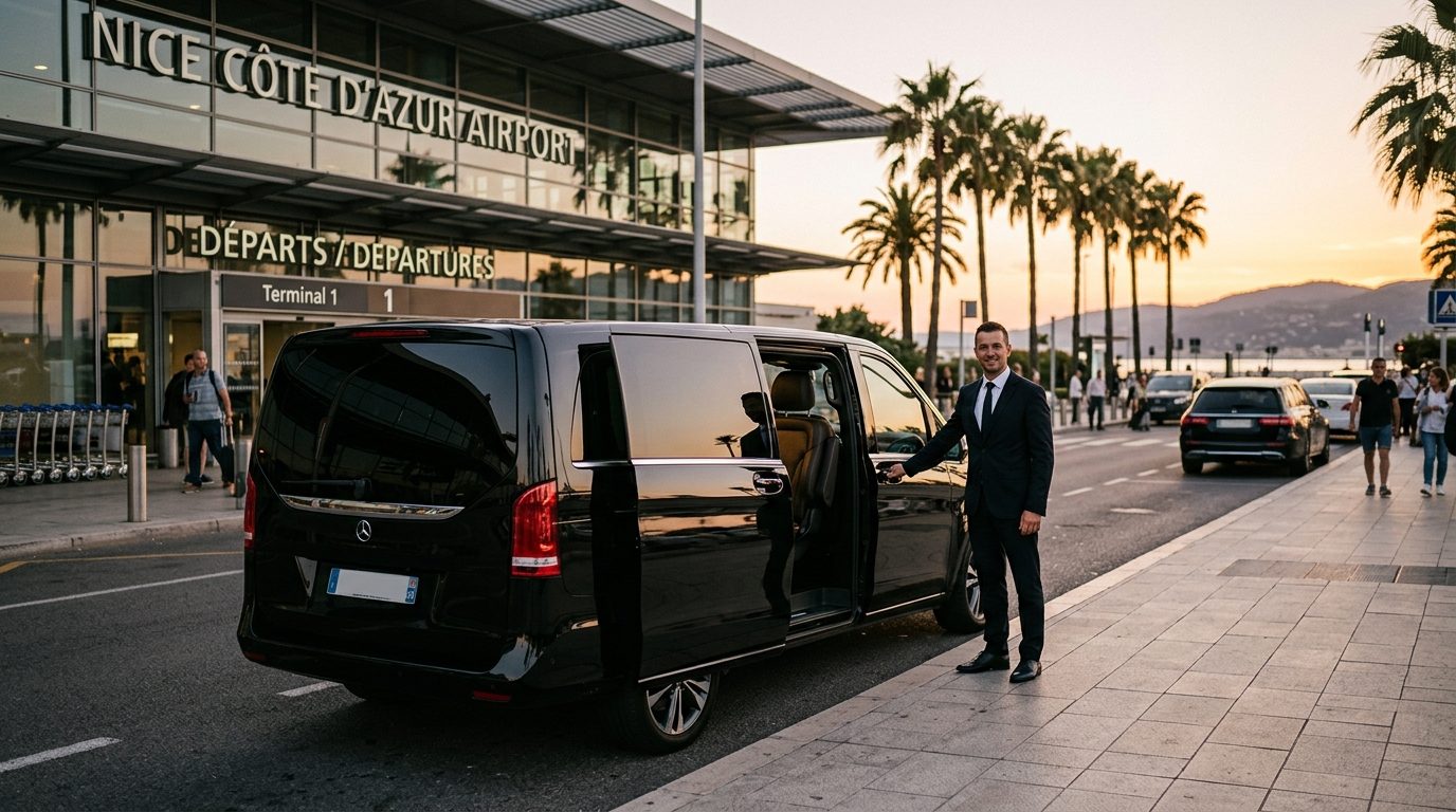 Van premium avec chauffeur stationné devant le terminal de l'aéroport Nice Côte d'Azur