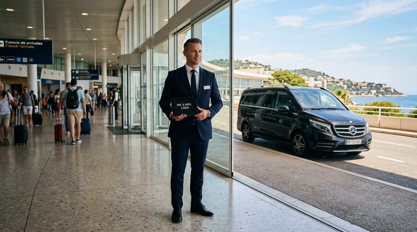 Chauffeur privé avec panneau d'accueil dans le terminal des arrivées de l'aéroport de Nice