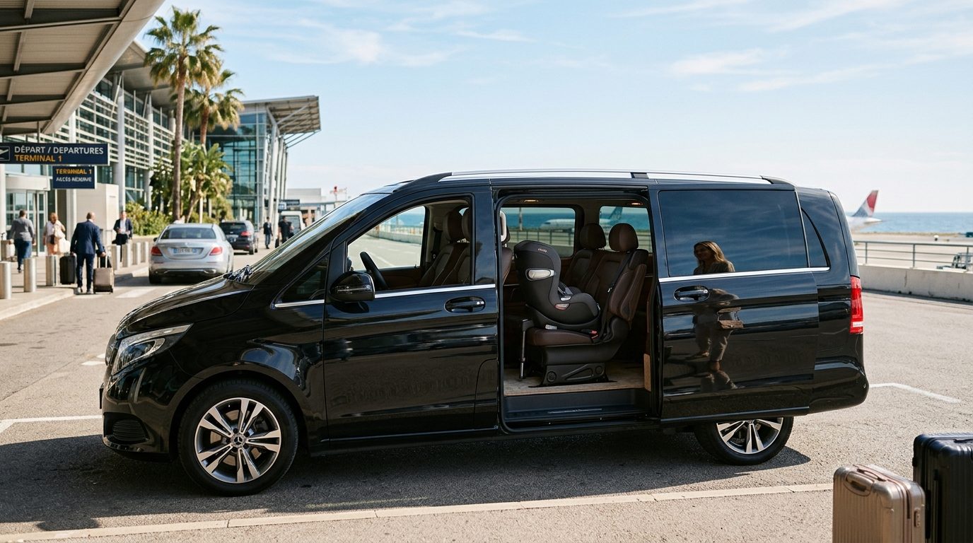 Van à l&rsquo;aéroport de Nice avec siège enfant groupe 1/2 : repères de sécurité et confort