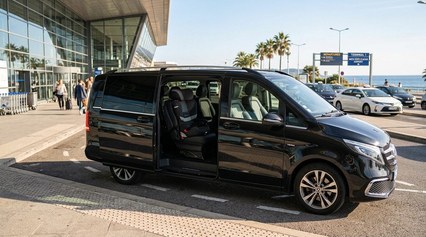 Van à l&rsquo;aéroport de Nice avec siège enfant groupe 2/3 : confort et sécurité familiale