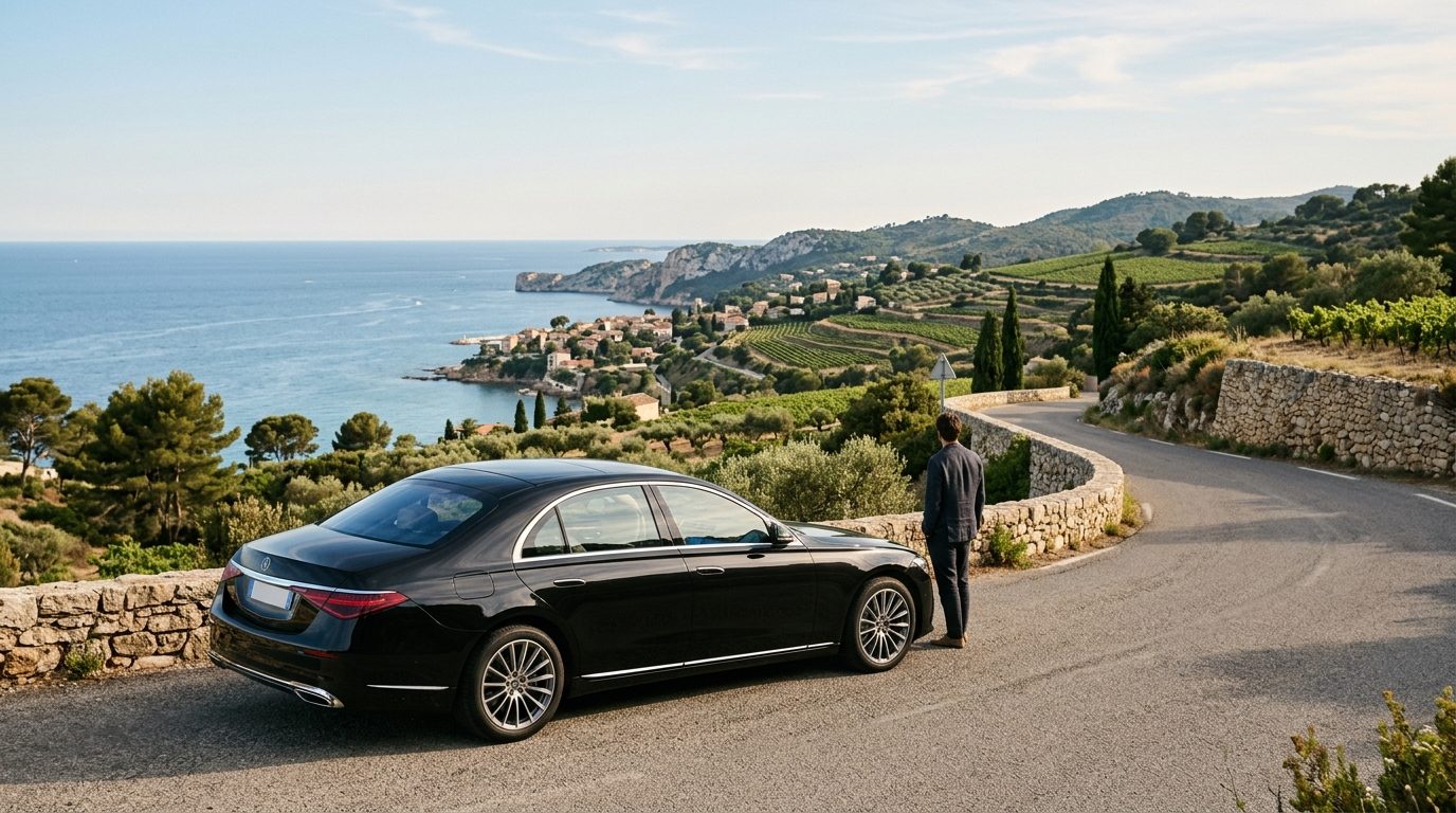 Véhicule avec chauffeur stationné sur une route panoramique près de Saint-Cyr-sur-Mer