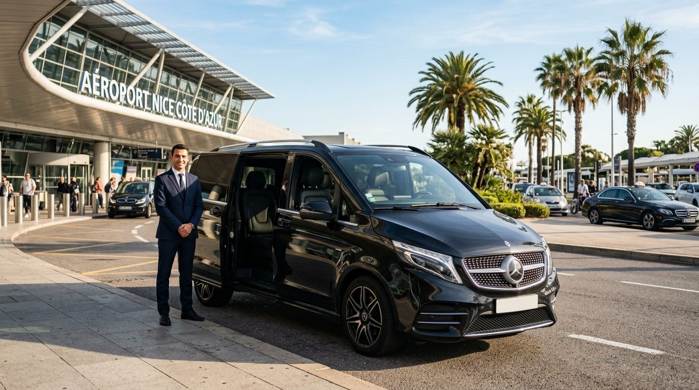 Van de luxe avec chauffeur privé stationné devant le terminal de l'aéroport Nice Côte d'Azur