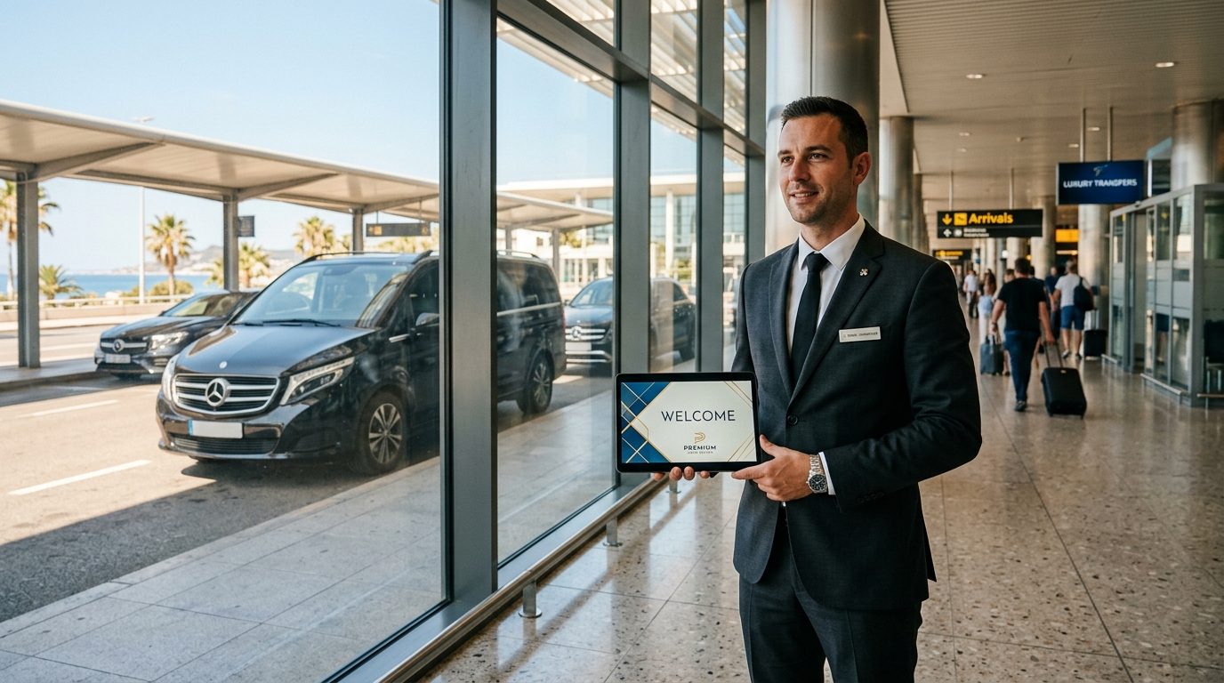 Accueil VIP en van à l&rsquo;aéroport de Nice NCE : service sur mesure avec tablette et panneau nominatif