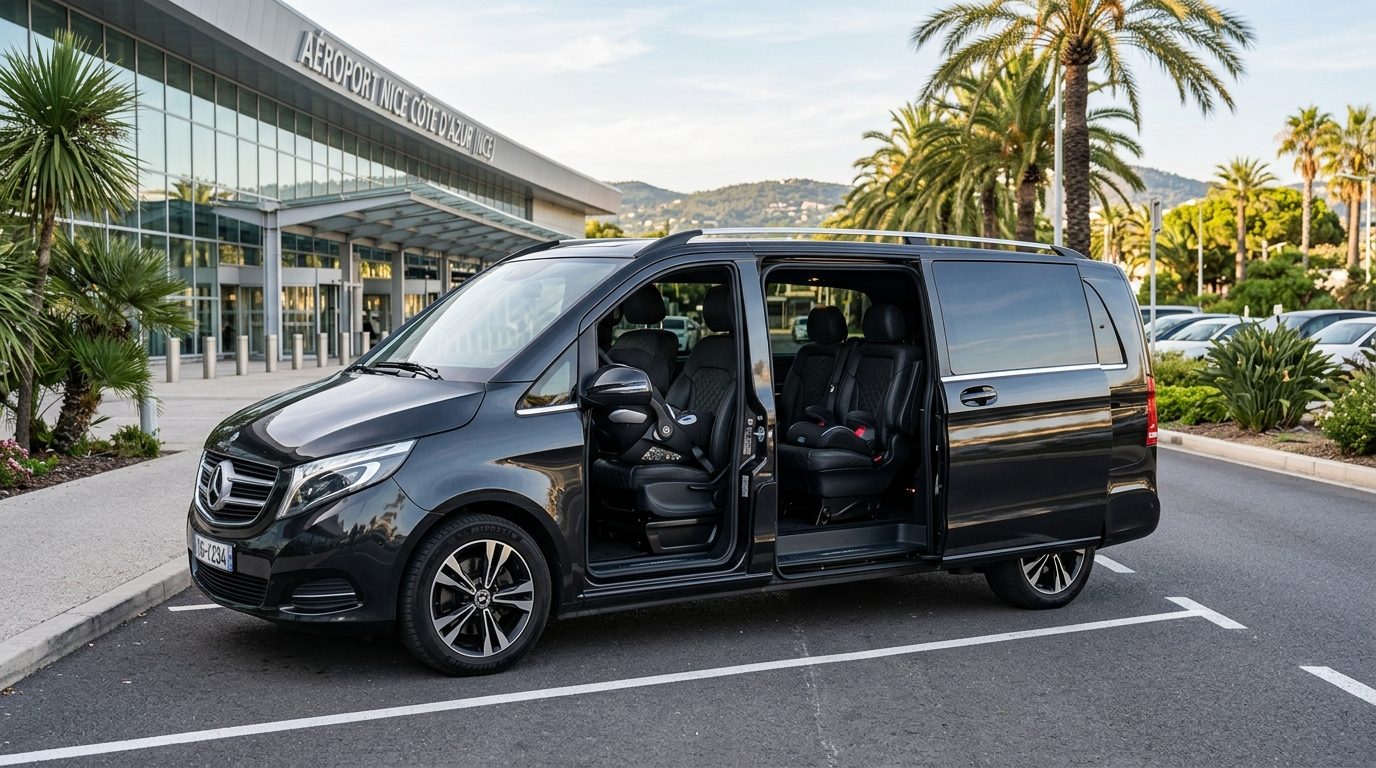 Transfert aéroport Nice NCE vers Roquebrune-Cap-Martin en van 7 places avec siège bébé et rehausseur