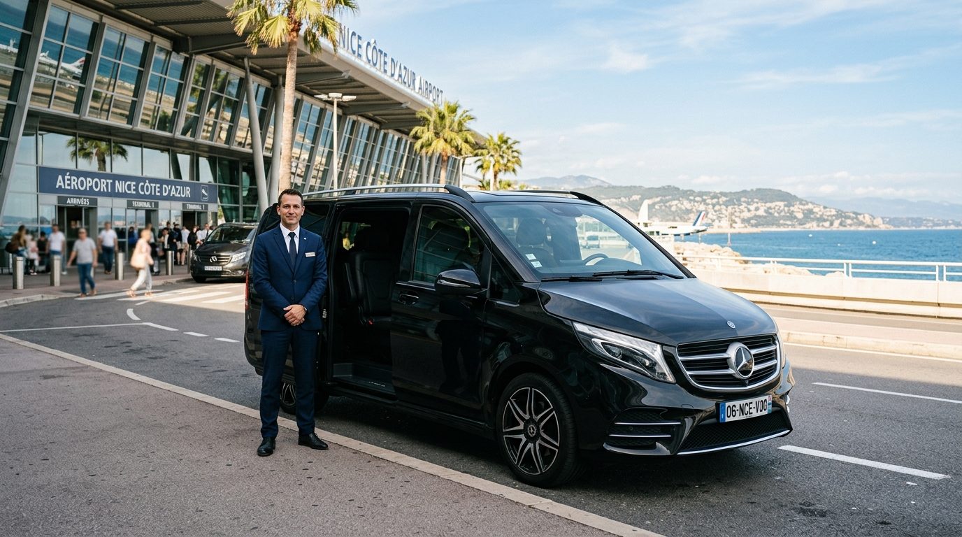 Transfert aéroport Nice NCE en van 7 places : sièges bébé et accueil VIP pour vos trajets