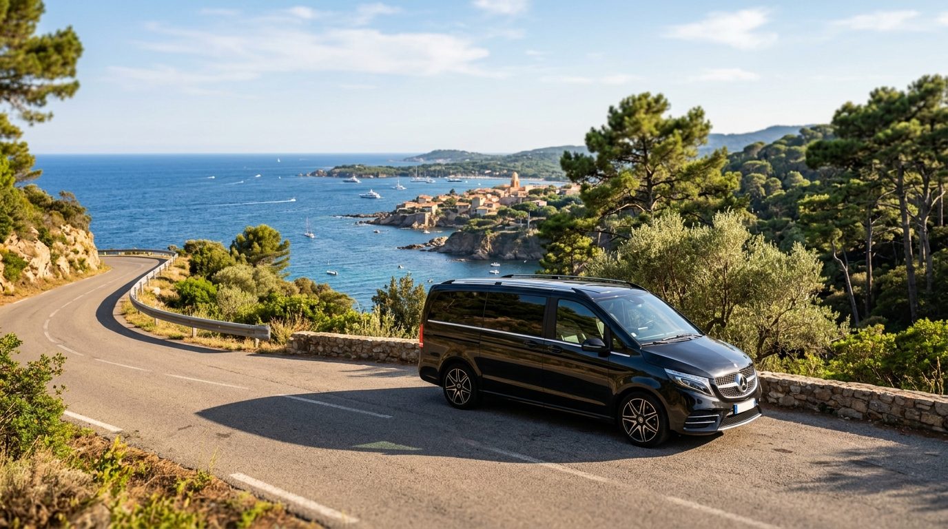Transfert Aéroport Nice NCE vers Ramatuelle en Van Mercedes Classe V avec mise à disposition journée