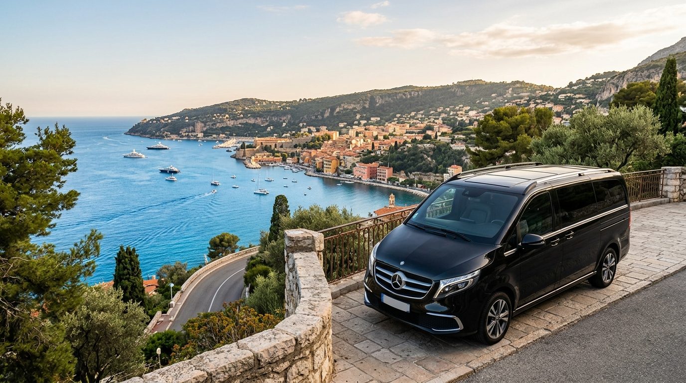 Transfert aéroport Nice NCE vers Villefranche-sur-Mer en van 6 places avec sièges ISOFIX