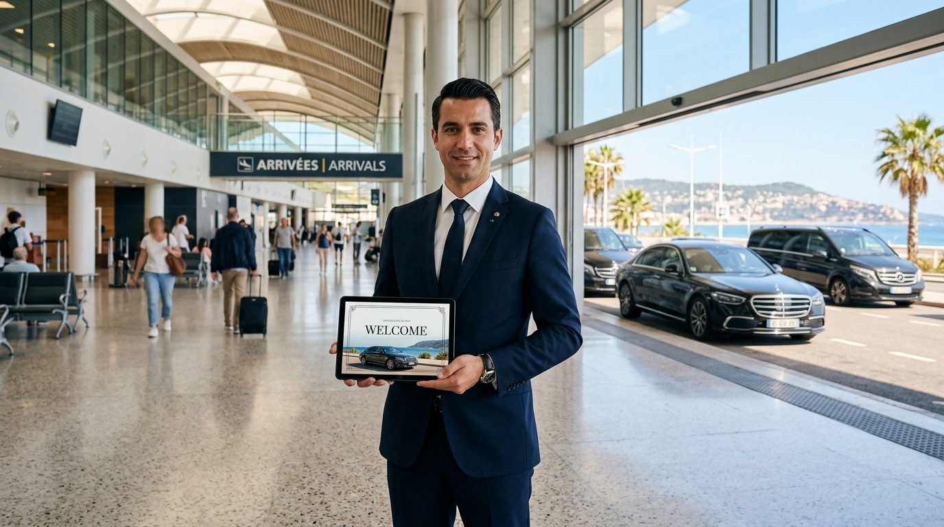 Van avec panneau nominatif à l&rsquo;aéroport de Nice NCE : organisation et repères